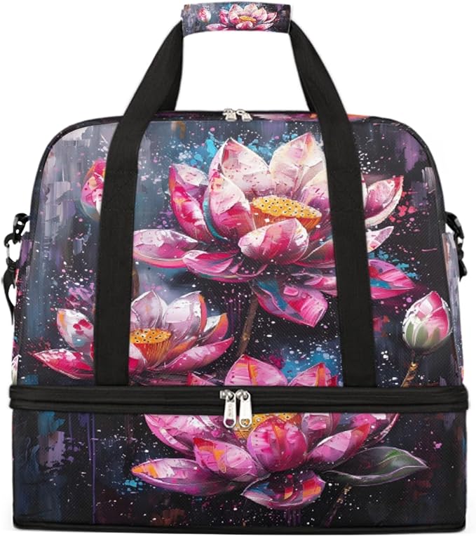 Pink Oil Painting Lotus Large Weekender Bag with Shoe Compartment Travel Duffel Bags for Women Carry On Hospital Overnight Bag Foldable Personal Item Travel Bags Tote Gym Sports Airplanes