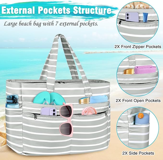 HUANLANG Extra Large Beach Bag Waterproof Beach Totes Bags for Women Men,Pool Bag with Zipper Wet Pocket