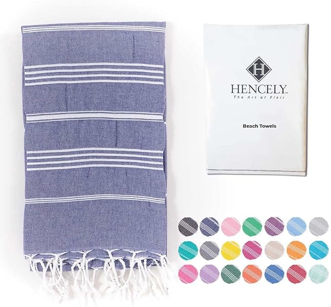 Hencely Turkish Beach Towel 37x68 Oversized, Sand-Free, Quick-Dry, Lightweight - Travel Essential for Pool & Bath - Striped 100% Cotton Bathroom Towels Accessories Gift (Navy Blue)