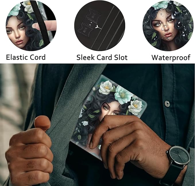 Passport Holder Women Wallet with Luggage Tag, Leather Passport Cover with RFID Blocking, Travel Accessories Multi Card Slot Passport Case for Men，Green Girl Flower