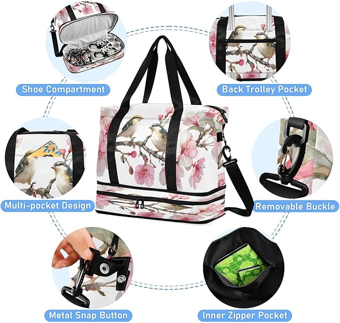 Travel Duffel Bags for Women Watercolor Birds on Pink Flower Branch Sports Duffel Bags Gym Bags with Shoes Compartment Tote Bag Weekender Bag for Travelling