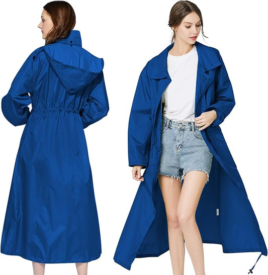 LAMA Womens Long Raincoats Rain Jacket Waterproof Packable Hooded Windbreaker Lightweight Adjustable Waist for Outdoor