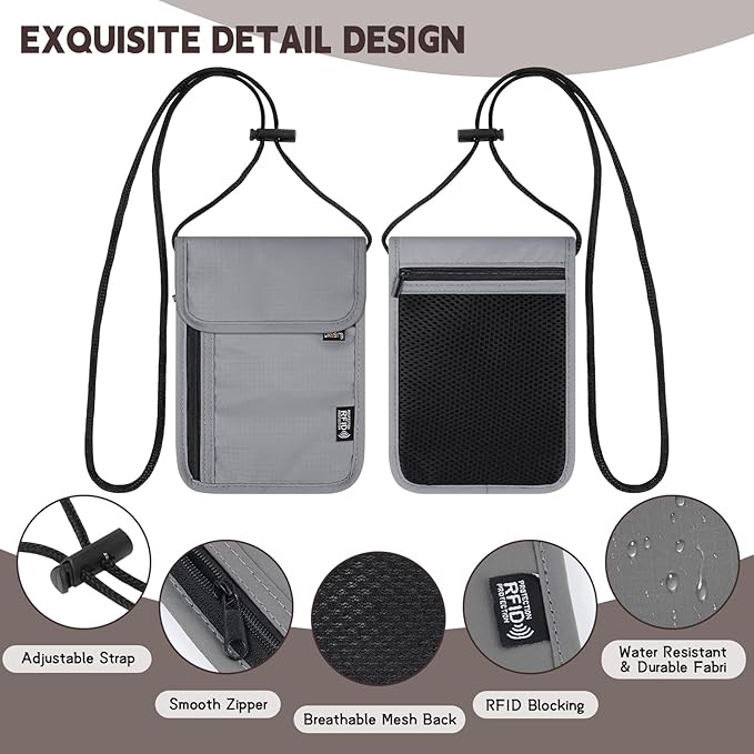 5.5" L x 7.9" W Travel Neck Wallet, RFID Blocking Passport Holder for Travel Women Men, Security Lightweight Travel Wallet, Neck Passport Pouch Gifts for Traveling(Light Grey)