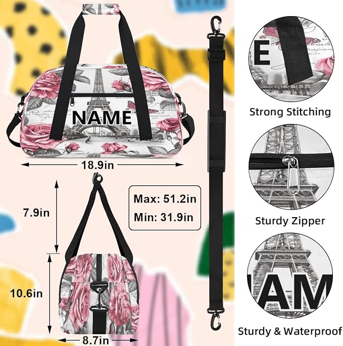 Paris Mini Gym Bag 18 inch for Women Men Waterproof Custom Romantic Eiffel Tower Travel Duffel Bag Carry On Overnight Tote Nurse Bag for Work Fitness Hiking