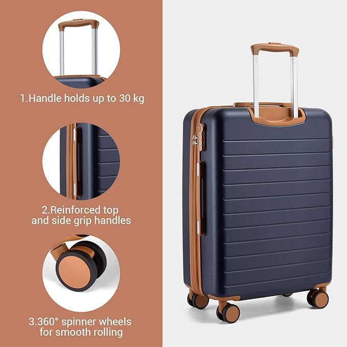 Kono 28 Inch Large Suitcase, Expandable for Long Trips, Impact-Resistant ABS+PC & Silent Wheels, Black, Lightweight Hardshell Luggage, Smooth Rolling Spinner Suitcase for Travel，Navy/Brown