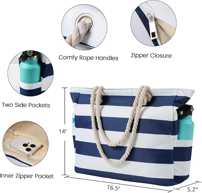 Clothirily Beach Bag for Women - Large Beach Tote Bag, Waterproof Sandproof Beach Bag with Zipper, Large Swim Pool Beach Tote
