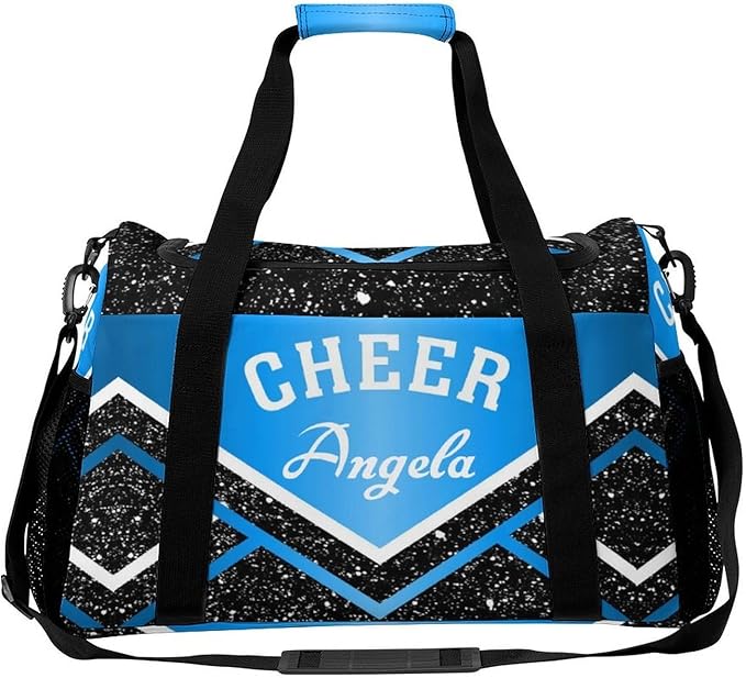 Custom Blue Black White Cheer Cheerleaders Duffel Bag with Name Adjustable Shoulder Strap Casual Bag for Teens Adults Handheld Crossbody Travel Bag