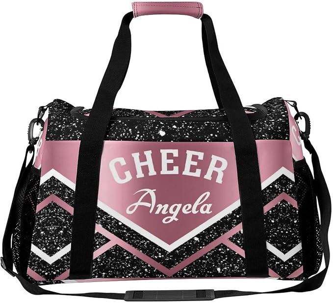 Cheer Pink Black Stripes Sequin Print Waterproof Duffel Bag, Adjustable Shoulder Strap Pack, Perform Training Travel Bag for Teens Adults Women Men
