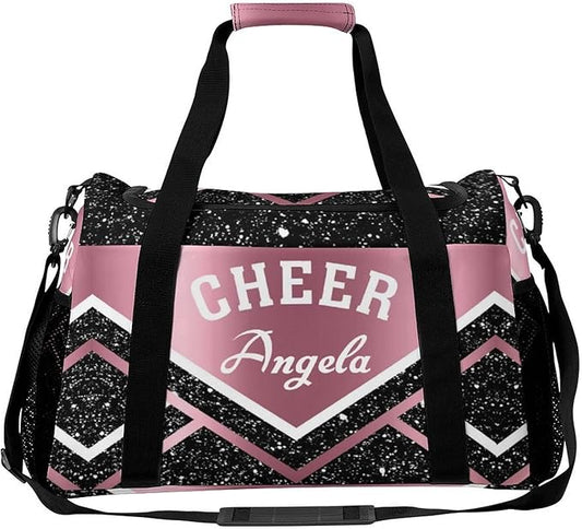 Cheer Pink Black Stripes Sequin Print Waterproof Duffel Bag, Adjustable Shoulder Strap Pack, Perform Training Travel Bag for Teens Adults Women Men