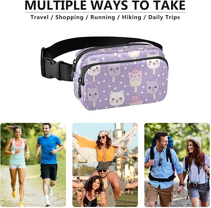 Kawaii Cat Ice Cream Polka Dots Fanny Pack for Women Men Water Resistant Fashion Waist Packs with Adjustable Strap Belt Bag for Travel Workout Jogging Hiking 21219101