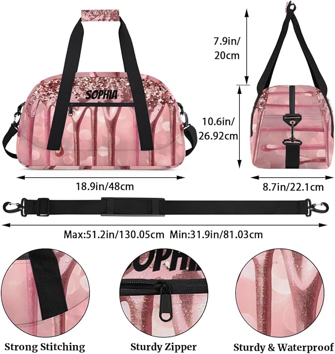 Custom Gym Bags for Girls with Name, Personalized Sports Dance Bag for Kids, Overnight Weekender Duffel Bags Workout Training, Travel Practice Gymnastics Bag，Pink Glitter Fluid