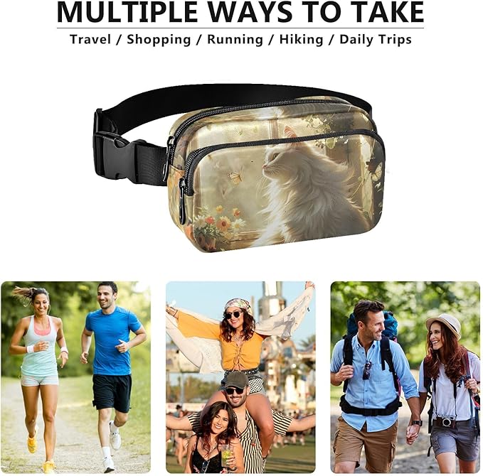 White Cat Sits by Flower Window Fanny Pack for Women Men Water Resistant Fashion Waist Packs with Adjustable Strap Belt Bag for Travel Workout Jogging Hiking 21220535