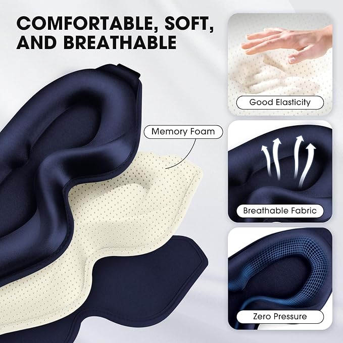 Sleep Mask | 99% Fully Block Out Light Eye Sleep Mask | Long Lash Extension | 3D Deep Contoured Eyes Cover Zero Pressure | Adjustable Straps | Sleep Travel Home Nap Rest Women Men (Dark Blue)