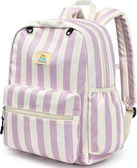 STEAMEDBUN Corduroy Kids Backpack for Girls and Boys 5-8: Girls Backpack for Elementary Kindergarten - 15 inch Cute Backpacks for Kids - Stripe