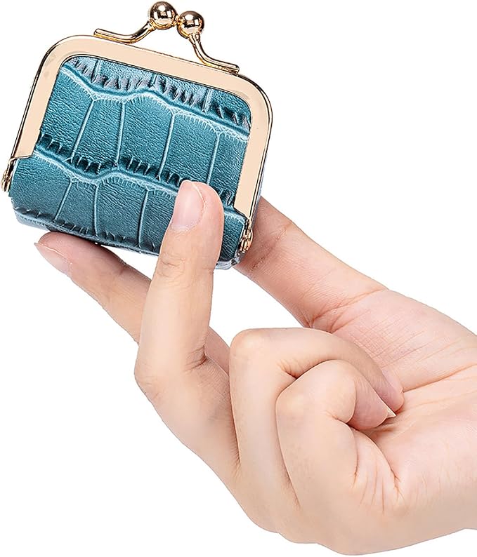 Genuine Leather Mini Jewelry Box & Coin Purse for Women, Travel Jewelry Case with Kiss Lock, Holds Earrings, Rings, Necklace, Bracelet, Coins (Green Crocdile Pattern)
