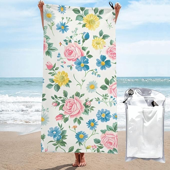 Blue And Yellow Floral Sand Free Beach Towel – 31.5"X63" Quick Dry Microfiber Beach Towels For Travel, Swimming, Pool, And Camping, Absorbent And Compact Beach Essential For Women, And Men