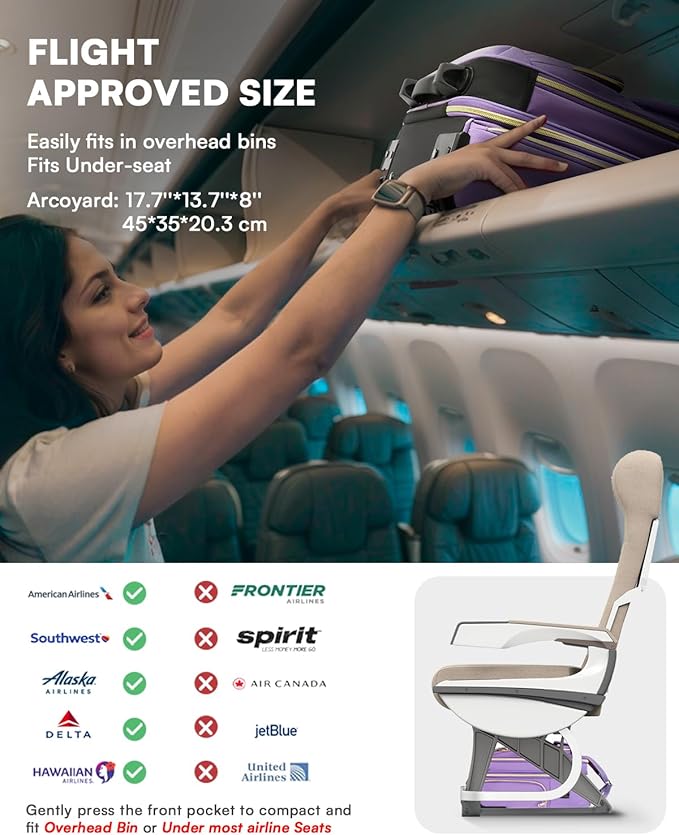 Underseat Carry On Luggage with Wheels, Airline Approved Personal Item Luggage, 16-Inch Multi-functional Underseat Luggage, Lightweight Overnight Suitcase for Women, Bussiness, Travel, Purple