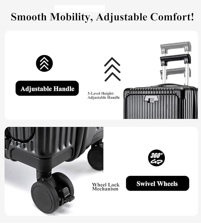 feilario 20in Hardside Spinner Wheel Luggage with Zipper Closure, Built-In TSA lock Carry on Suitcase, with Cup Holder & USB Port & Phone Holder Black(with zipper closure, 20in)