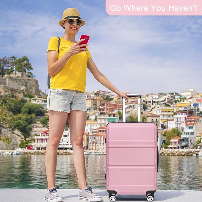 Kono 3 Piece Luggage Sets Expandable(only 28") with Spinner Wheels TSA Lock Lightweight PC+ABS Hardside Travel Rolling Suitcases 20in 24in 28in Carry on Pink