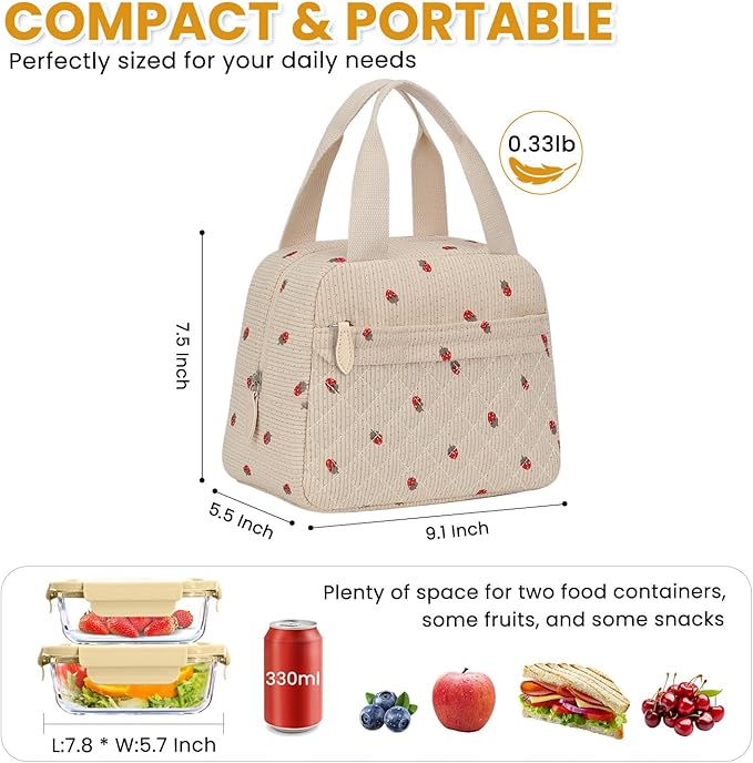 Insulated Lunch Bag for Women, Portable Lightweight Lunch Box for Adults, Reusable Small Lunch Tote Cooler Bags with Front Zipper Pocket for Work School Picnic(Corduroy Strawberry)
