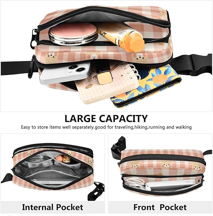 Kawaii Bear Plaid Fanny Pack for Women Men Water Resistant Fashion Waist Packs with Adjustable Strap Belt Bag for Travel Workout Jogging Hiking 21219455