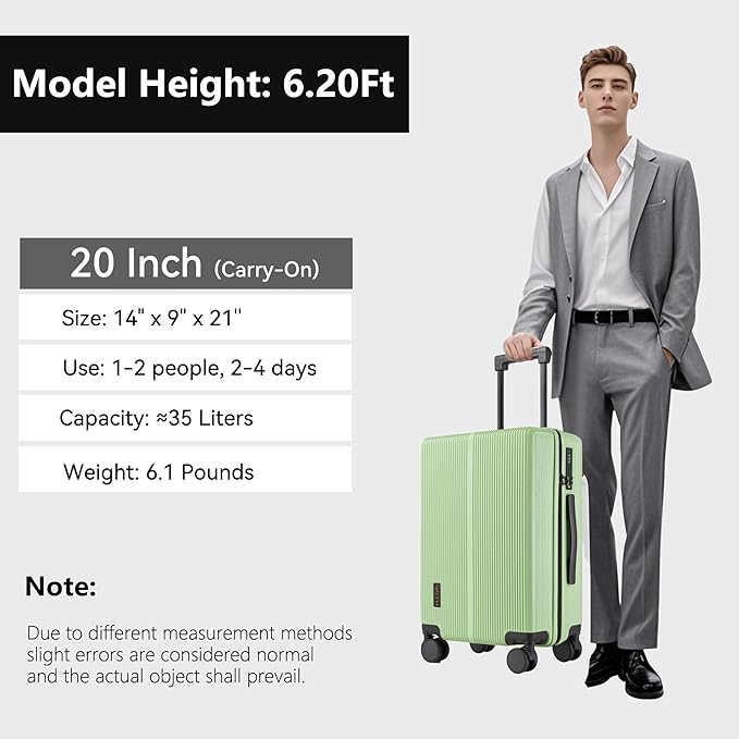Carry On Luggage with TSA Lock, Carry on Suitcase 22x14x9 Airline Approved, Carry-on luggage with 360° Spinner Wheels, Hardside 20 Inch Lightweight Hard Shell Suitcase (Green, 20-Inch)
