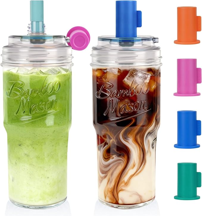 ANOTION 2pc Glass Tumbler with Lids and Straws, Leakproof 24oz Mason Jar Cups, Leak-Proof Cap, Self-Assembly Silicone Straw, Reusable Iced Coffee Smoothie Matcha Cup Aesthetic Coffee Gifts Women