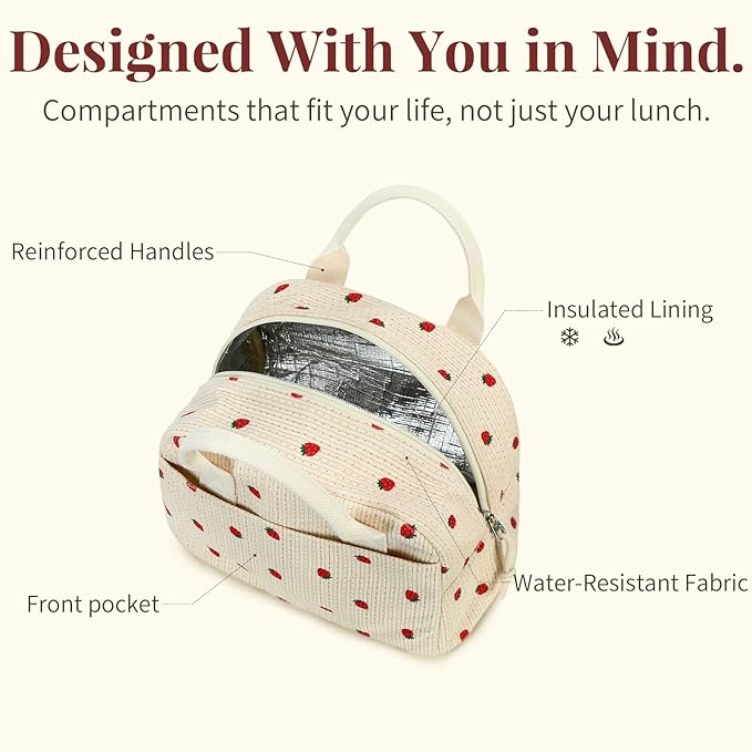 Insulated Black Lunch Bag for Men Women, Stylish Corduroy Tote with Aluminum Lining, Large Capacity Reusable Cooler for Work, Travel, Beach or Picnic, Soft Black Water-Resistant Lunch Box