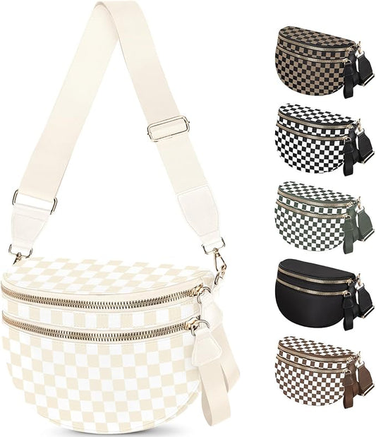 Spacious Nylon Checkered Crossbody Bum Bag for Women, Fashion Checkerboard Fanny Pack Purse with Anti-theft Pocket, Adjustable Wider Strap Wasit Bag (Beige)