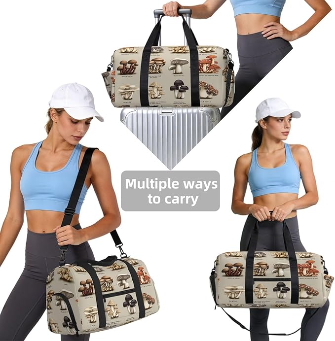 Sports Gym Bag Oyster Mushrooms Pattern Travel Duffel Bag With Shoe Compartment Shoulder Strap, Lightweight Water-Resistant Weekend Overnight Totes For Women Men