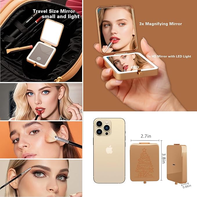 Rose Gold Rechargeable LED Pocket Mirror, 3 Color Dimmable Light 1x/3x Magnifying Compact Travel Makeup Mirror, Portable Folding Handheld Lighted Purse Mirror for Women Christmas Stocking Stuffer Gift