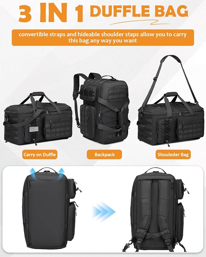 50L Gym Bags for Men, 3 in 1 Travel Duffle Bag with Shoe Compartment, Tactical Military Backpack for Overnight Weekender Gym Traveling Workout Deployment