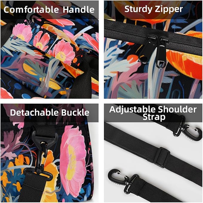 Gym Bag for Women Men, Pink Orange Poppies Black Travel Duffle Bags for Dance Ballet Overnight, Carry-On Weekender Bag with Detachable Shoulder Strap