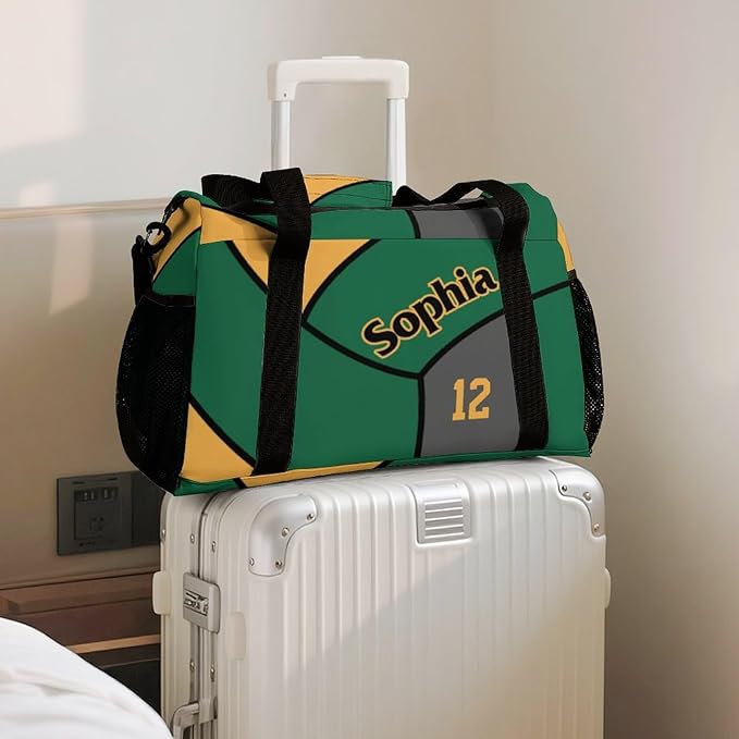 Custom Volleyball Gold Green Duffel Bag with Name Personalized Travel Bags Sport Gym Bag Carry On Weekender Bags for Men Women