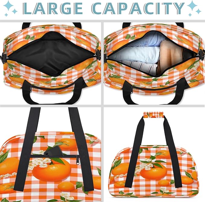 Gym Bag for Women Men, Orange Plaid Orange Flower Travel Duffle Bags for Dance Ballet Overnight, Carry-On Weekender Bag with Detachable Shoulder Strap