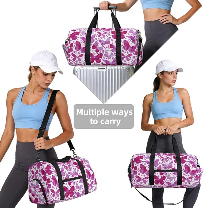 Butterfly Watercolor Magenta Pink Women'S Gym Duffle Bag With Shoes Compartment, Ideal For Travel, Gym, Sports, Duffel, Weekender