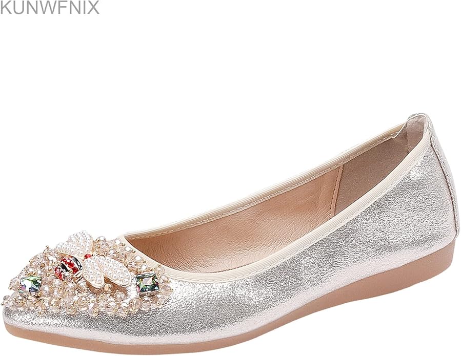 KUNWFNIX Women Ballet Flats Rhinestone Wedding Ballerina Shoes Foldable Sparkly Comfort Slip on Flat Shoes
