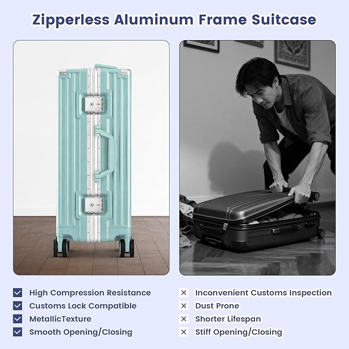 Zipperless Suitcase, 28 Inch Checked Luggage, Hardshell Aluminum Frame Polycarbonate Luggage with Phone Holder, Cup Holder, Charging Port, TSA Lock, Spinner Wheels for Vacations, Mint Green