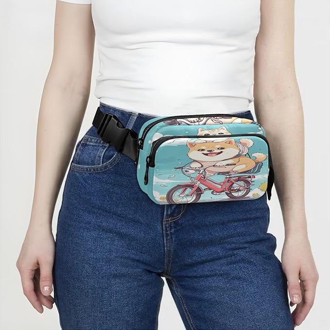 Cute Corgi Dog Cat Riding Bike Fanny Pack for Women Men Water Resistant Fashion Waist Packs with Adjustable Strap Belt Bag for Travel Workout Jogging Hiking 21220564