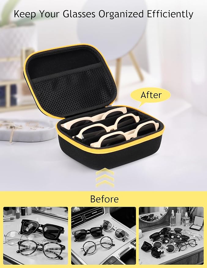 Hard Shell Sunglass Travel Organizer Glasses Case, Eyeglass Storage Box for Multiple Glasses with Adjustable Slots