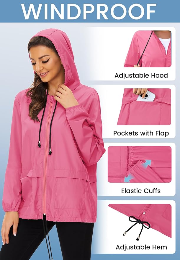 Zando Lightweight Rain Jacket Women Waterproof - Raincoat for Women Packable Rain coat Hooded Windbreaker for Travel Outdoor
