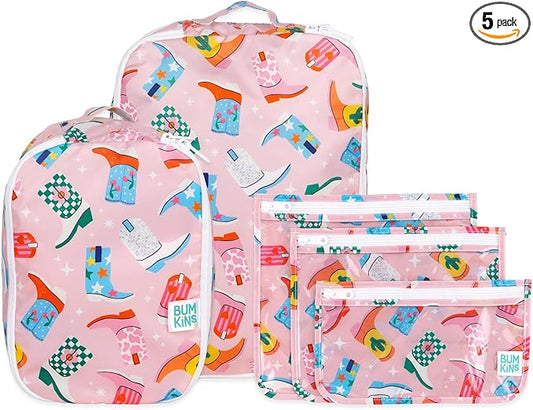 Bumkins Packing Cubes and TSA Approved Pouches for Travel Bag, Organize Luggage with Compression Bags, Essential Traveling Accessories to Pack Clothes, Toiletries Carry On Suitcase, 5-pc Cowgirl Boots