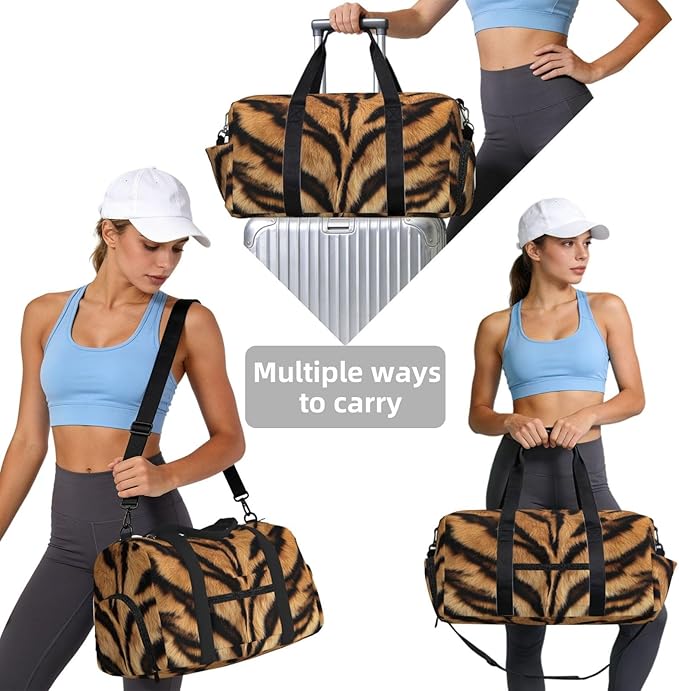 Sports Gym Bag Animal Tiger Skin Print Travel Duffel Bag With Shoe Compartment Shoulder Strap, Lightweight Water-Resistant Weekend Overnight Totes For Women Men
