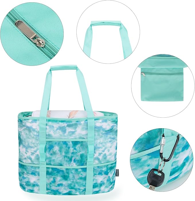 KABAQOO Mesh Beach Bag, Extra Large Beach Bags with 9 Pockets & Zipper Waterproof Lightweight Beach Tote for Beach/Pool Trip | Extra Large, 9 Pockets, Zipper, Waterproof, Lightweight, Beach/Pool Trip