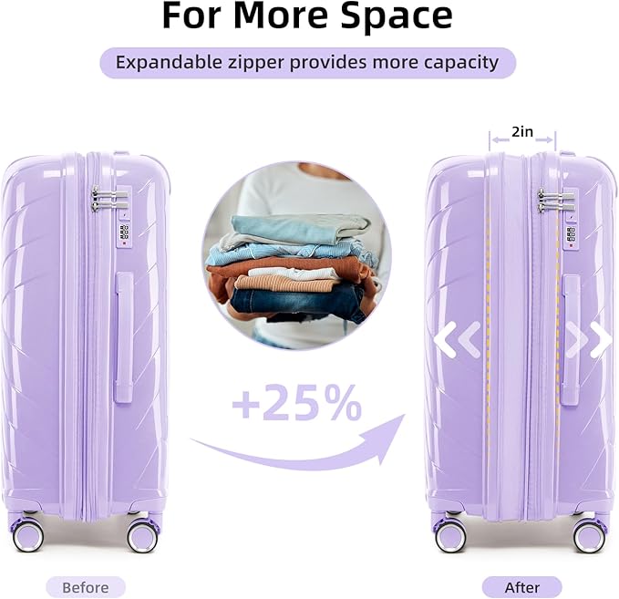 6 Piece Luggage Set Carry on Suitcase with Spinner Wheels, Expandable Hardshell Luggage PP Lightweight Suitcase Set for Women(32/28/24/20in Lavender)
