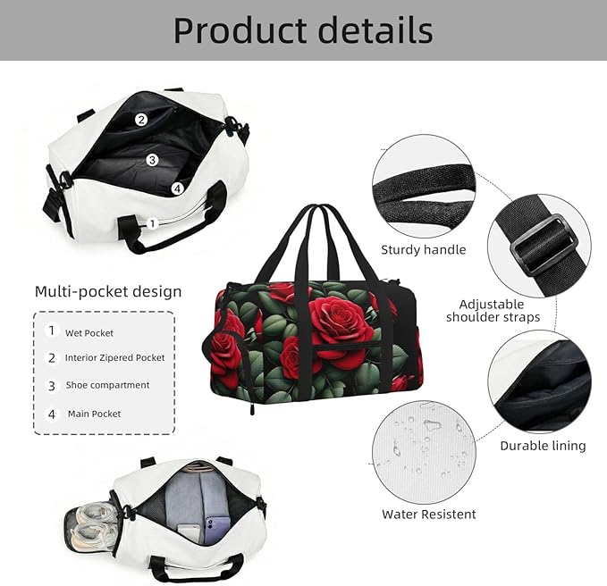 Vitality Rose Print Gym Bag with Shoe Compartment for Women Men, 17.7in Sports Duffle Weekender Tote, Overnight Travel Duffel Bag Carry On