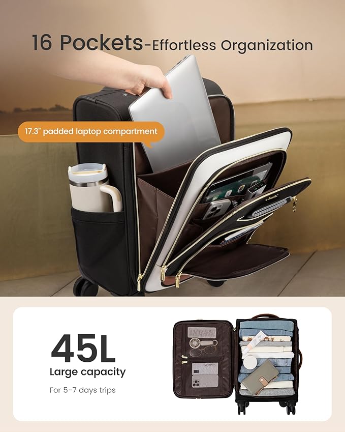 LOVEVOOK Carry on Luggage 22x14x9 Airline Approved, 22 Inch Large Rolling Suitcase with Garment Bag & Spinner Wheels, 49L Lightweight Underseat Carryon Luggage for Women Men Travel with TSA Lock
