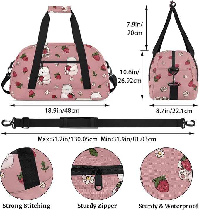 Strawberry Bear Gym Travel Duffle Bag for Women & Men with Front Zipper Pocket for Sports, Overnight, Weekender, Carry On,Workout & Dance Bag,Cute Strawberry Bear,18.9 * 8.7 * 10.6 in