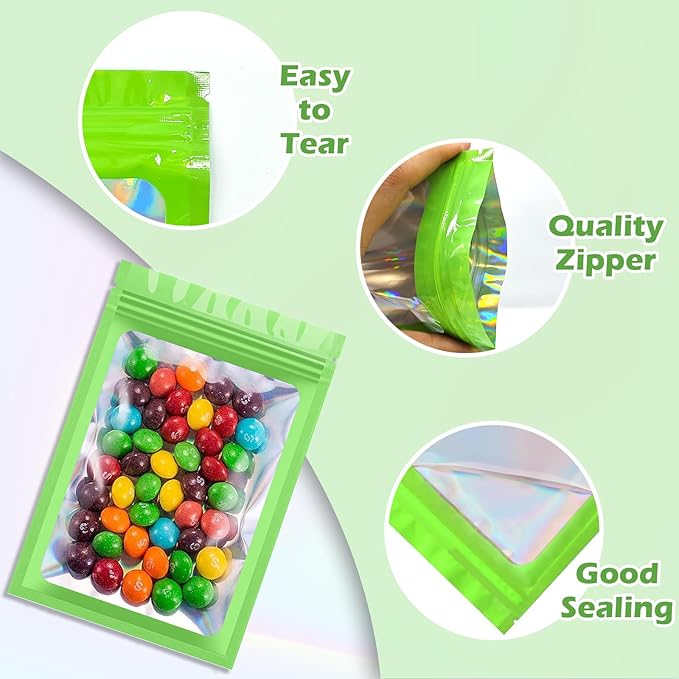 300 Pcs Holographic Mylar Bags, 3 Size Smell Proof Bags with Clear Window Foil Pouch Bags Resealable Bags for Small Business and Food Storage, Green