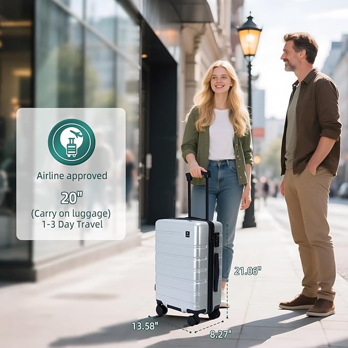 Luggage Sets 3 Piece, 100% PC Hardside Luggage with Spinner Wheel TSA LOCK Lightweight Quiet Suitable for Men and Women, Family Y01 Silver 20/24/28(Diagonal stripes)